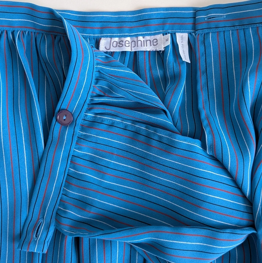Vintage Secretary Style Stripe Set: Button Down Top Neck Bow A-line Skirt